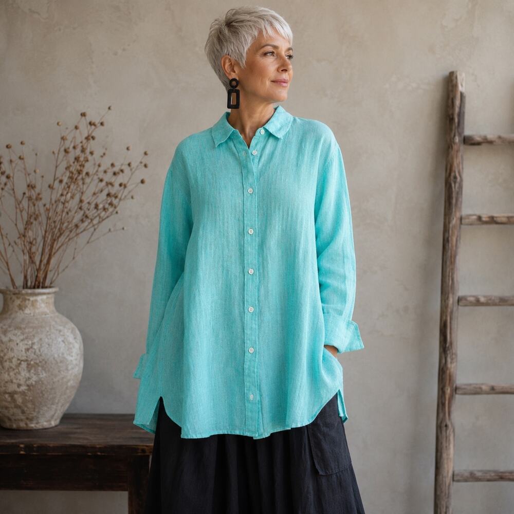 Talbots Blue Green Linen Long Sleeve Button Down Top 2X
